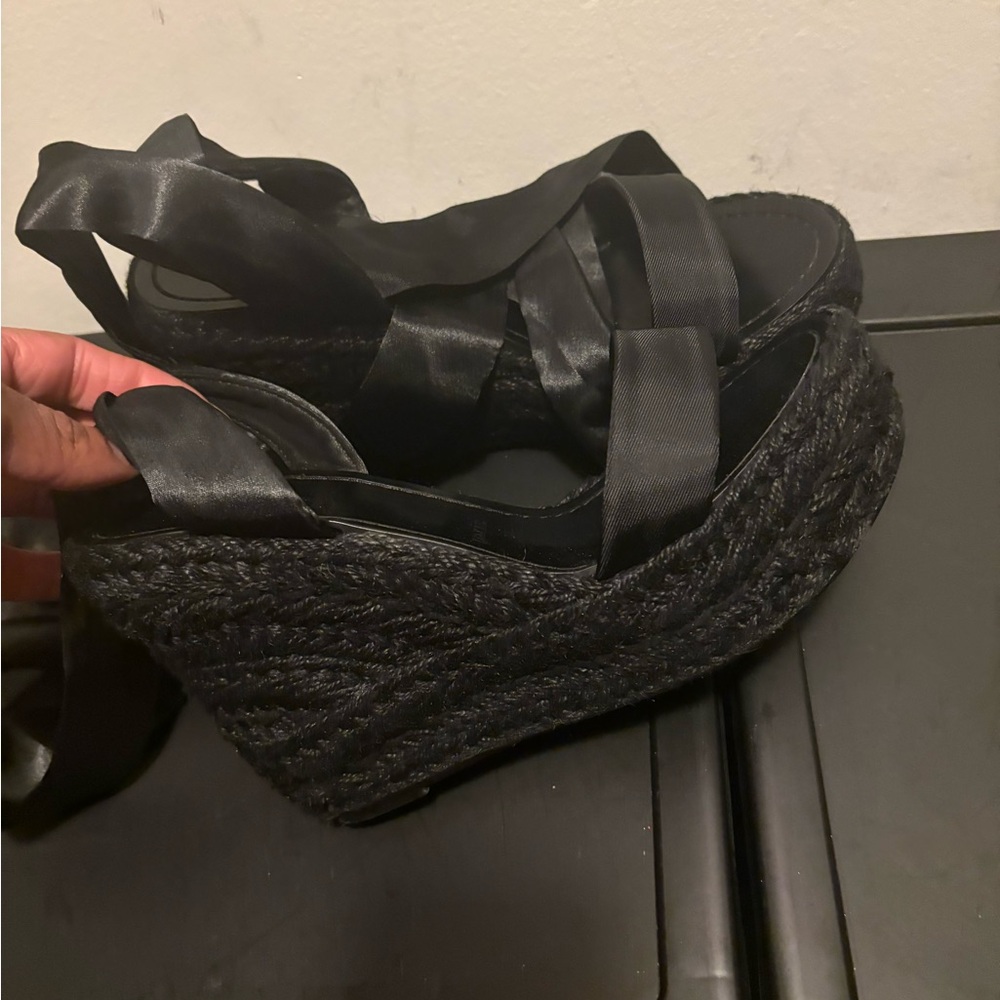 Red Bottoms black Woven Espadrille Wedge Sandals with Satin Wrap